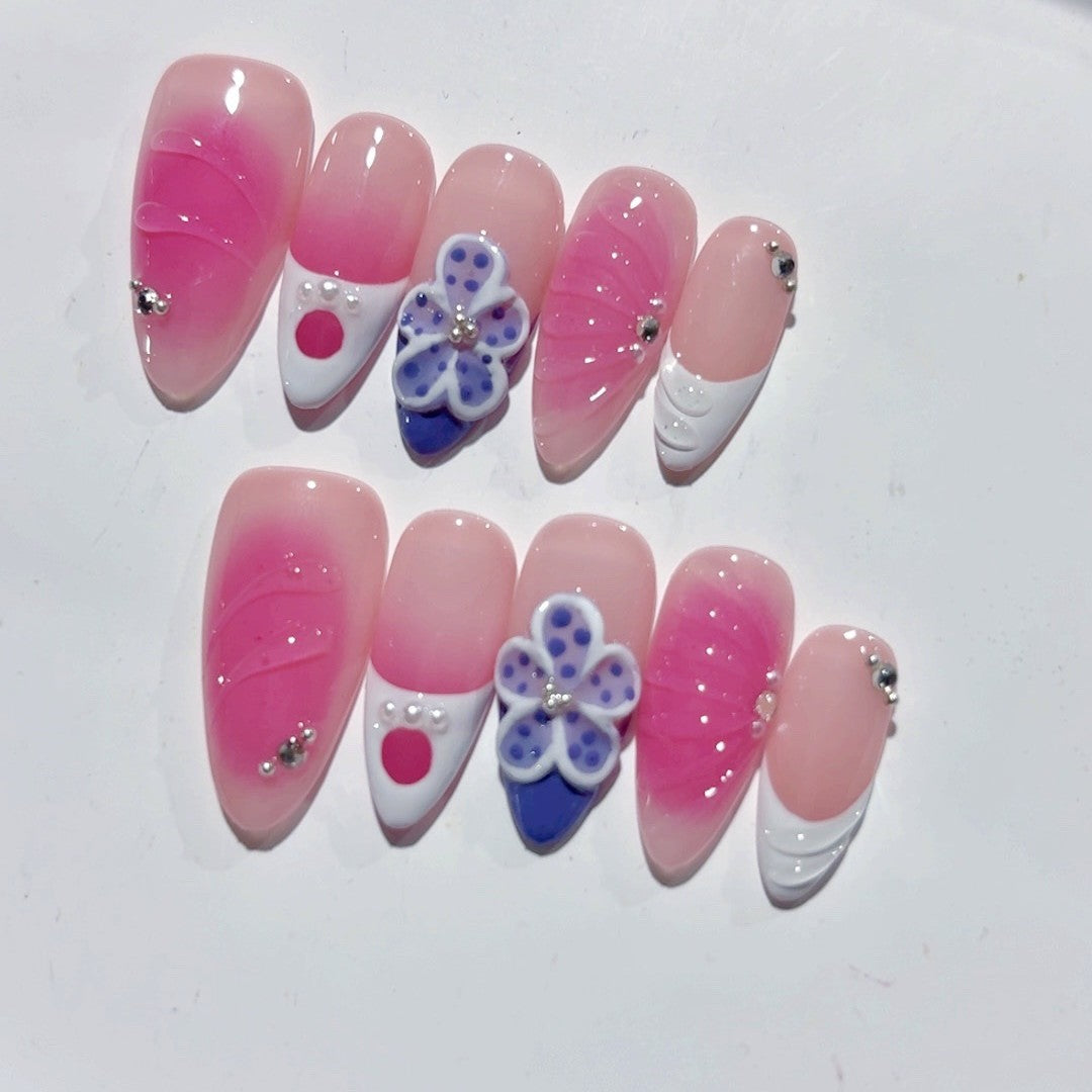 365nails: "Laço Floral Corado" – Unhas Postiças Artesanais Rosas-Arroxeada Românticas Médias Amendoadas