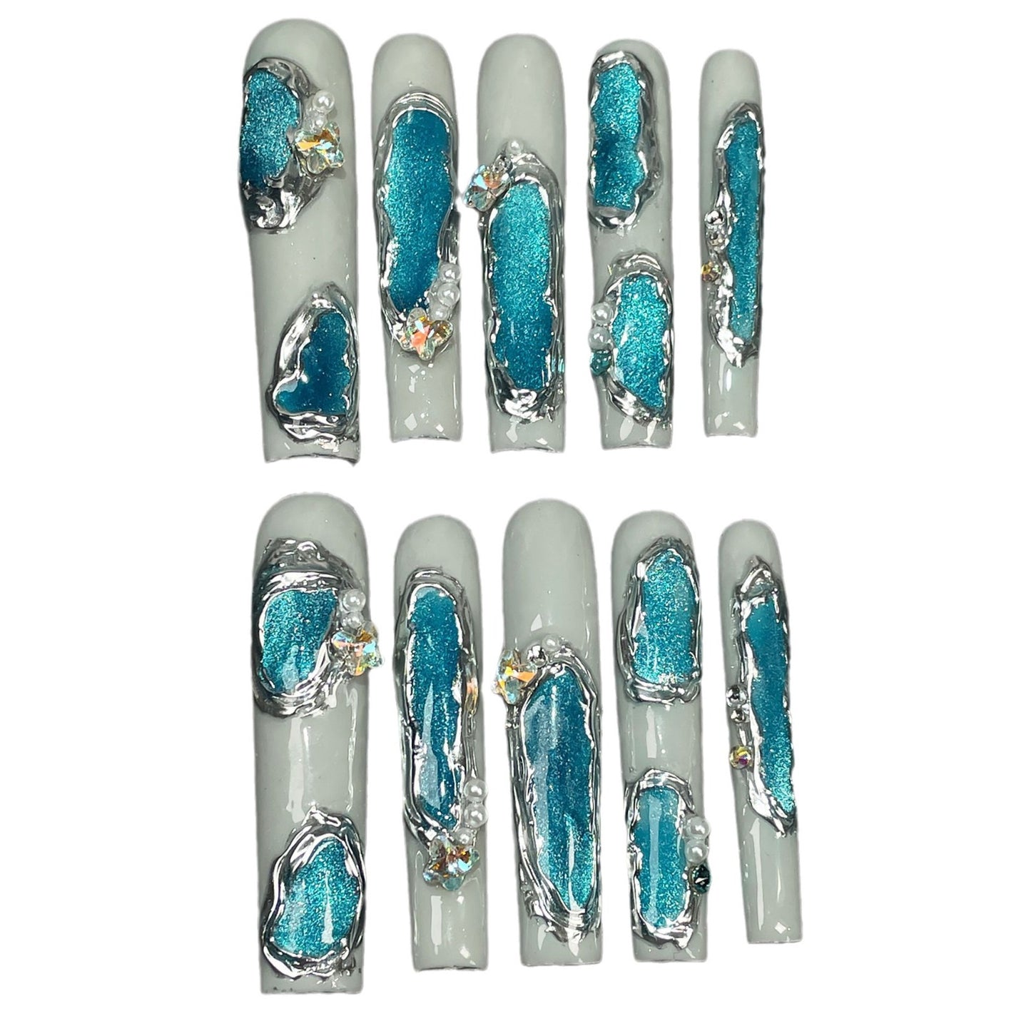 Super long water pipe manicure irregular shape blue cat eye handmade press-on nails advanced light luxury manicure patch｜365nails