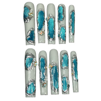 Super long water pipe manicure irregular shape blue cat eye handmade press-on nails advanced light luxury manicure patch｜365nails