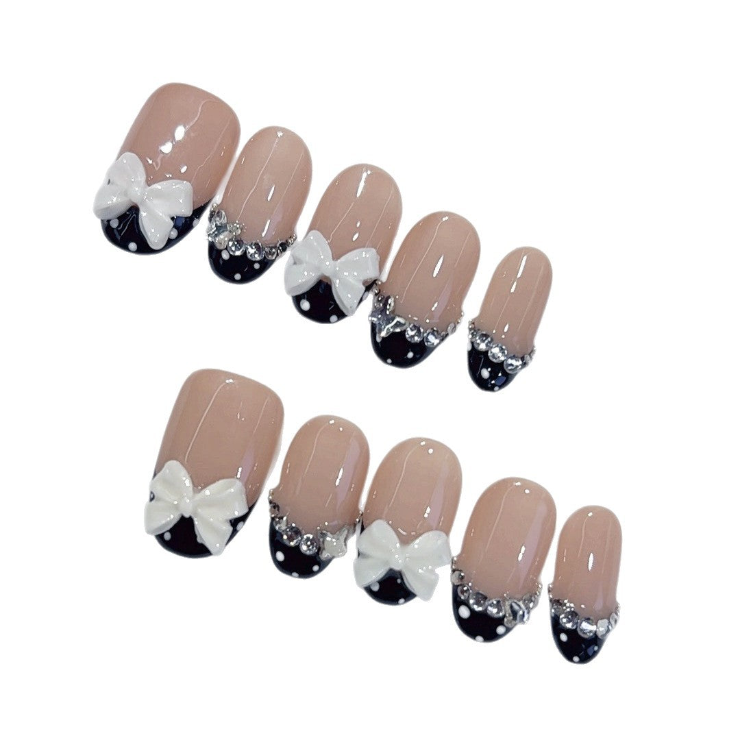 Bow & Pearl: "Black French Bow" – Square Shape Handmade Press-On Nails