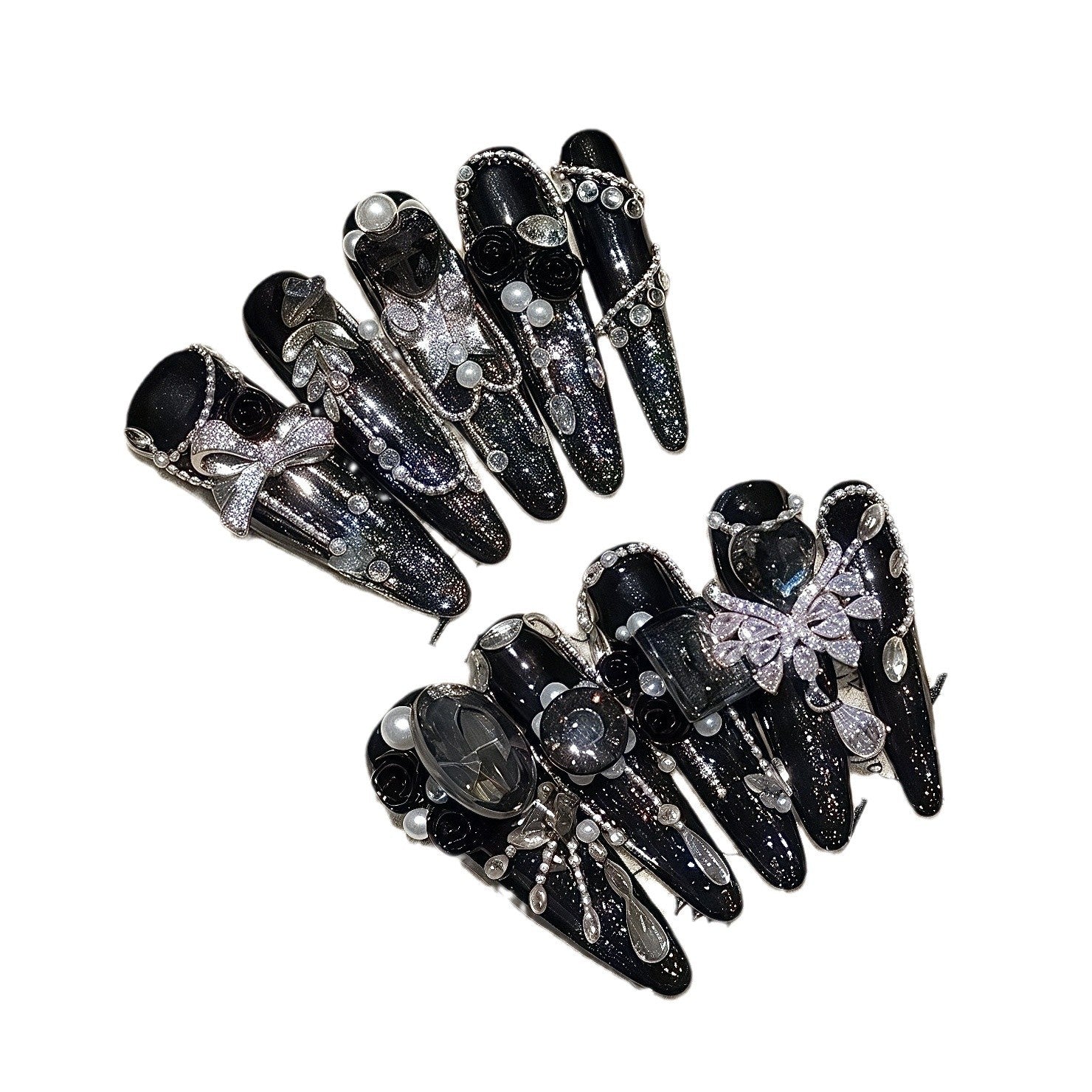 Unhas escuras e pesadas de luxo, esparsas, estreladas, tardias, avançadas, zircônias explosivas, cheias de diamantes, requintadas, para outono e inverno, de longa duração | 365nails