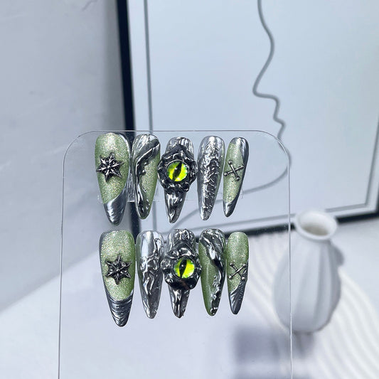 Explosão de estilo, ponta longa escura, unhas postiças feitas à mão, olho de goblin, remendo de unha longo de cor mágica de metal no atacado ｜ 365nails