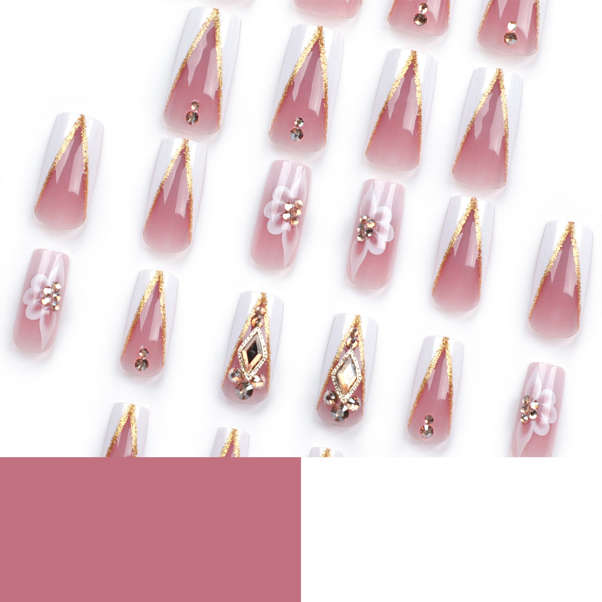 Paillettes dorées V-shaped français bord blanc fleur strass trois dimensions automne et hiver nouvelle série｜365nails