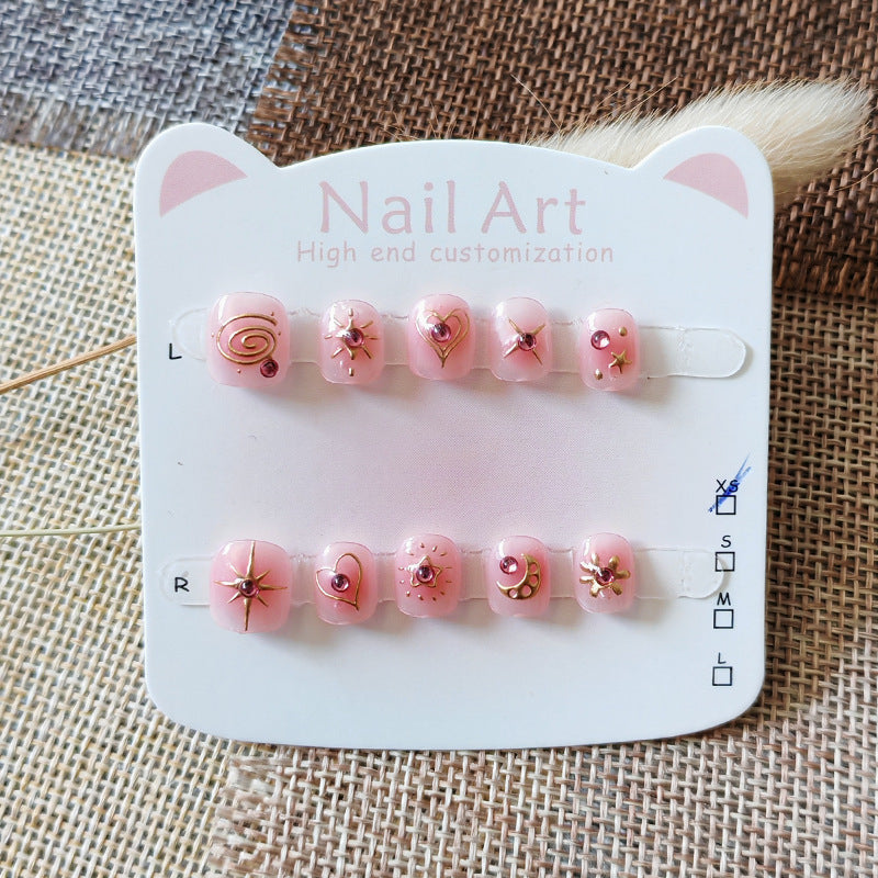 Pink Starry Kids Series: "Golden Star Sparkle" – Short Square Kids Nail Art