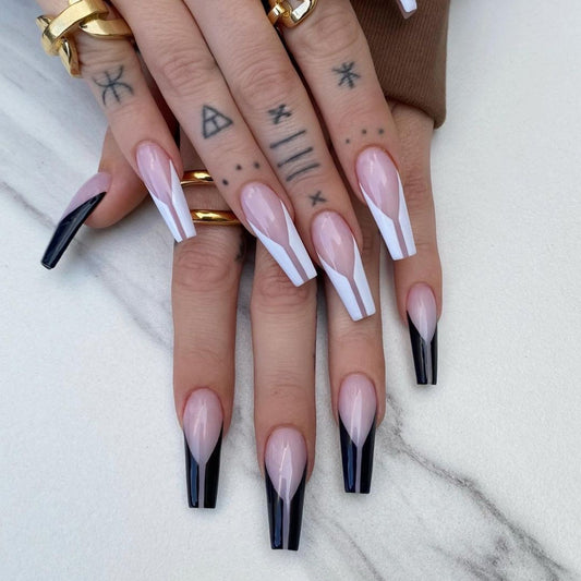 Black and white French mandarin duck long ballet False nail wear nail art Finished nail art patch False nail removable nail｜365nails