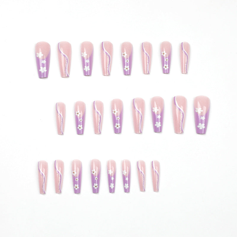 Peça de arte para unhas, balé longo roxo, produto acabado, atacado, linha de flores pequenas, remendo de unha em pó dourado ｜365nails