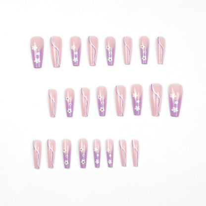 Nail art piece Purple long ballet  wholesale finished product Small flower line Gold powder nail patch ｜365nails