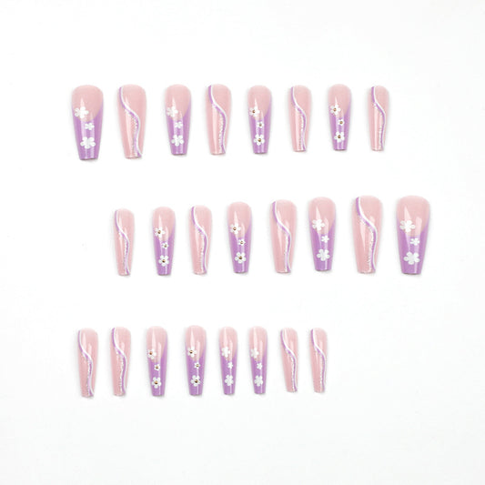 Nail art piece Purple long ballet  wholesale finished product Small flower line Gold powder nail patch ｜365nails