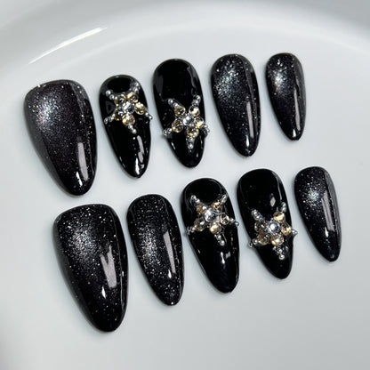 Handmade press on nails Autumn and Winter Sweet and Cool Spice Girl  Black Light Chasing Cat Star  Almond Nail｜365nails