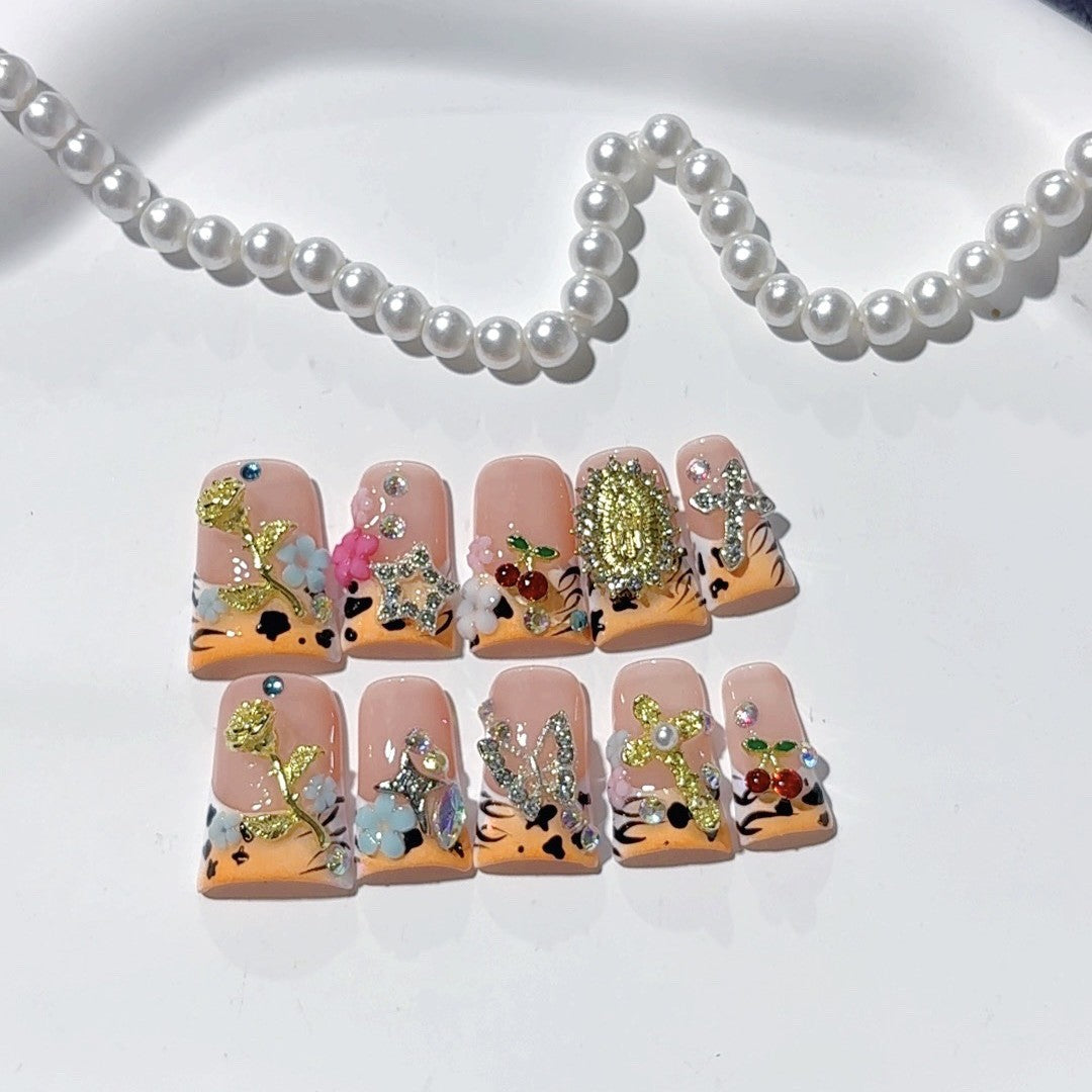 Gothic Y2K: "Leopard & Charm" – Square Press-On Nails
