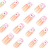 Medium and long 3D three-dimensional pink flower French square press-on nails