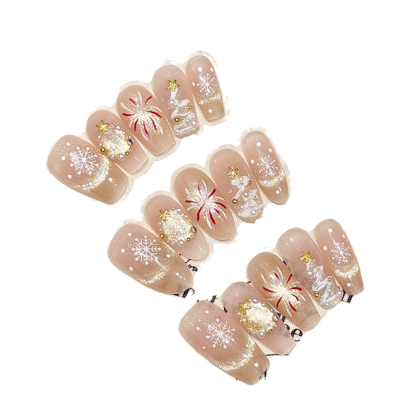 Christmas Firework Press‑On Nails – Medium Snowflake Glitter French Design