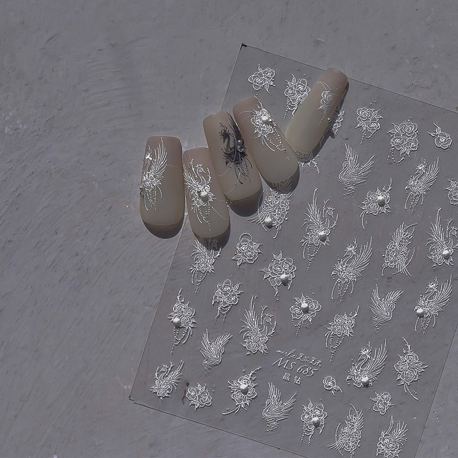 White Lace Feather & Floral: "Ethereal Bridal Lace" – 5D Embossed Nail Sticker