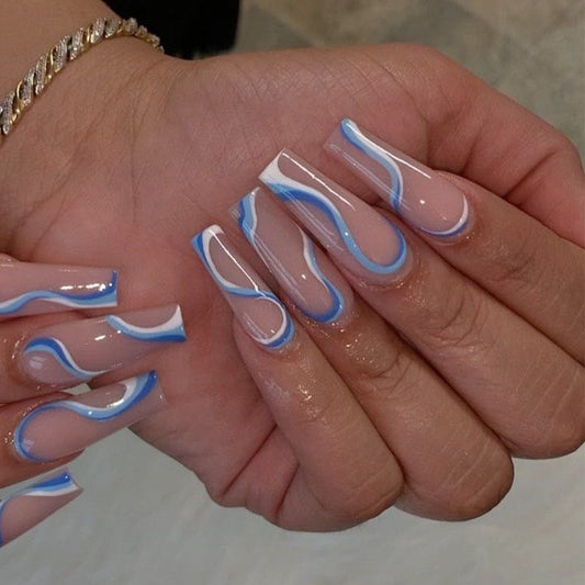 wavy lines, blue and white  products, nail patches, removable nail patches｜365nails