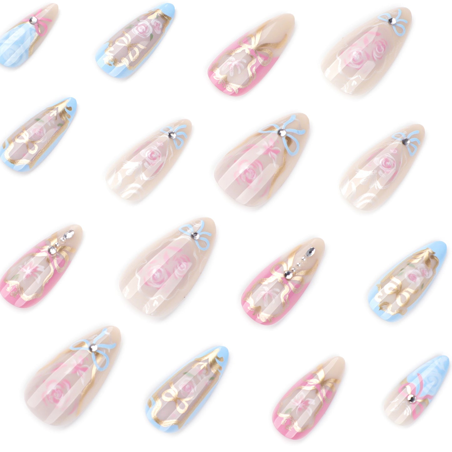 Unhas postiças estilo Monet, mais vendidas, com estampa de flor de amor, usando manicure de unhas postiças curtas tipo amêndoa｜365nails