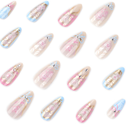 Unhas postiças estilo Monet, mais vendidas, com estampa de flor de amor, usando manicure de unhas postiças curtas tipo amêndoa｜365nails
