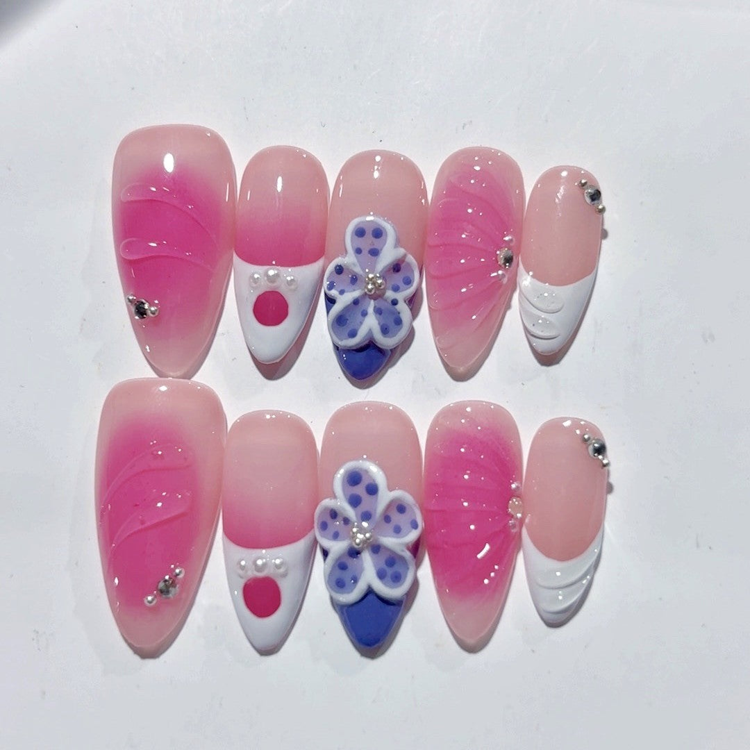 365nails: "Laço Floral Corado" – Unhas Postiças Artesanais Rosas-Arroxeada Românticas Médias Amendoadas