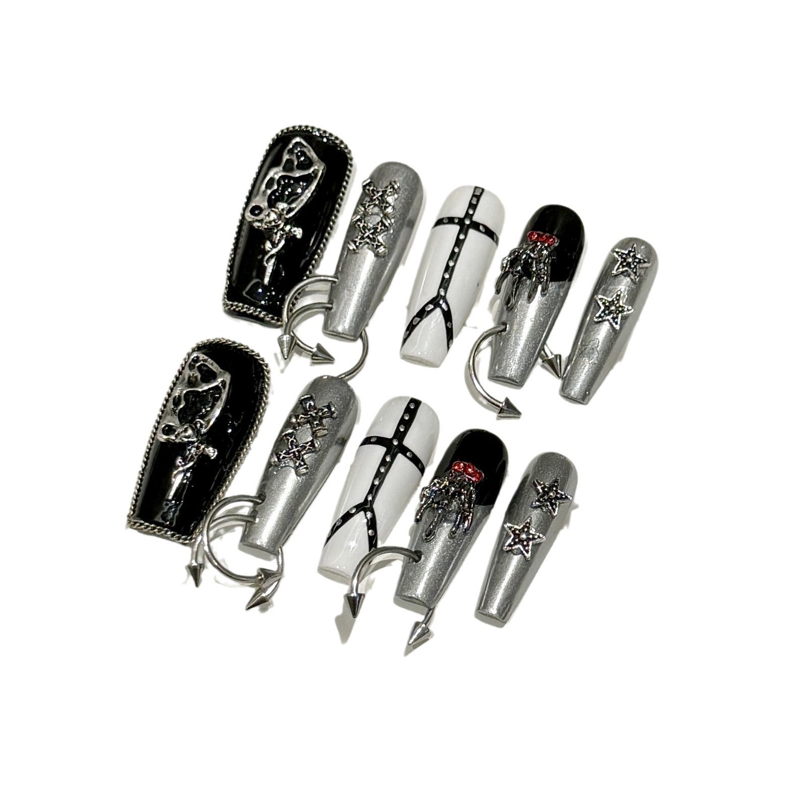 Punk goth style press on nails black long high-end handmade sweet and cool white niche  millennial babes | 365nails