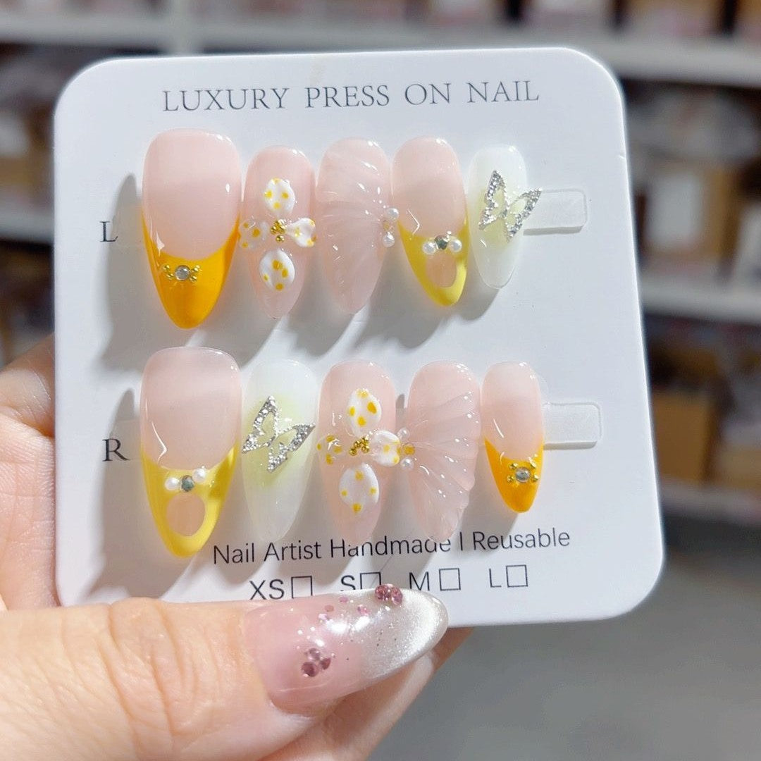 365nails-Lemon Butterfly: "Fresh Floral" – Almond Shape Handmade 3D Carved Press-On Nails