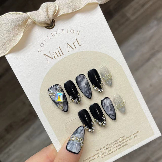 Dark smudge black spice girl cold wind drag handmade press on nails almond nail art handmade press on nails finished product factory | 365nails