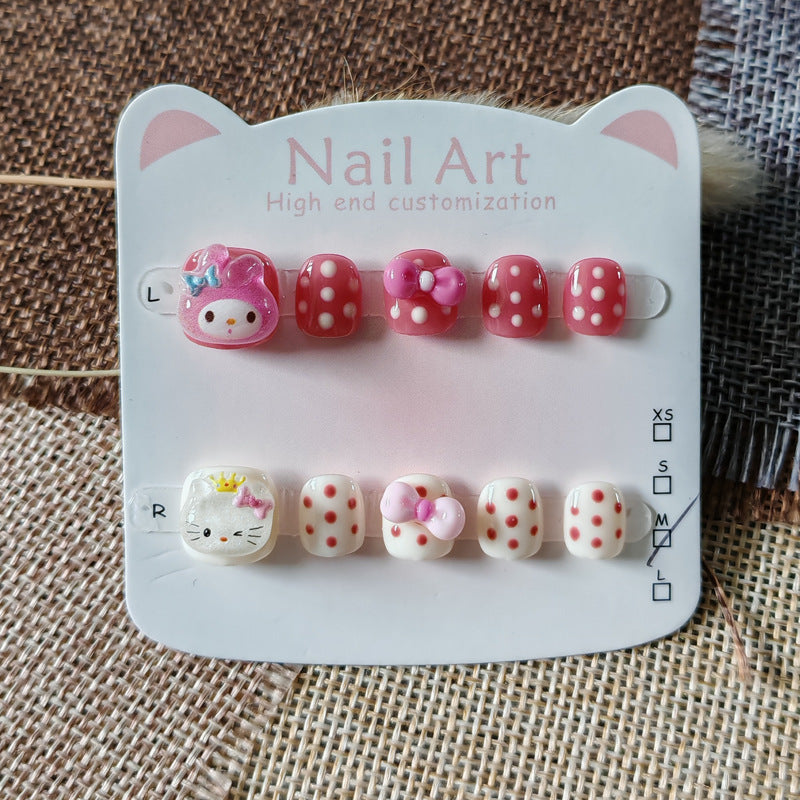 365nails: "polka dot kitty & melody" – short round handmade kids press-on nails