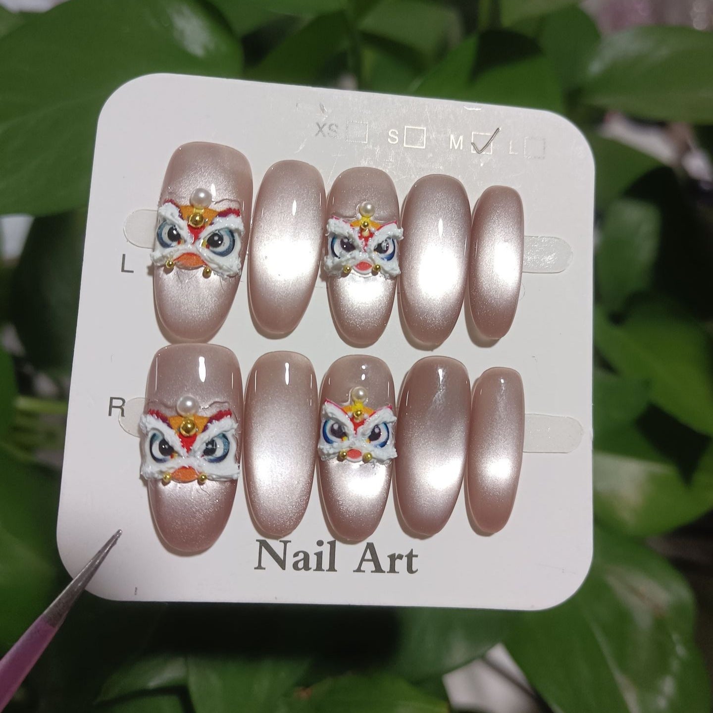 Auspicious Lion Dance: "Lion Dance Bow" – Square Shape Handmade Press-On Nails