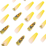 Unhas postiças francesas chanfradas amarelas premium com strass borboleta, atacado de unhas postiças, vestindo armadura ｜ 365 unhas