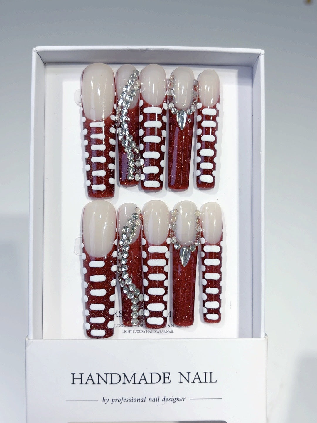 Red Linear Crystal Accent Modern Press On Nails