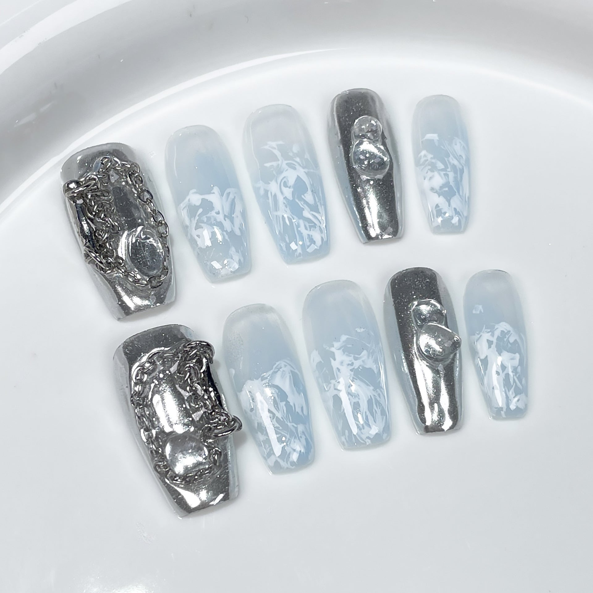 Minimal Frosted White Nails with Mirror Chrome and Chain Details