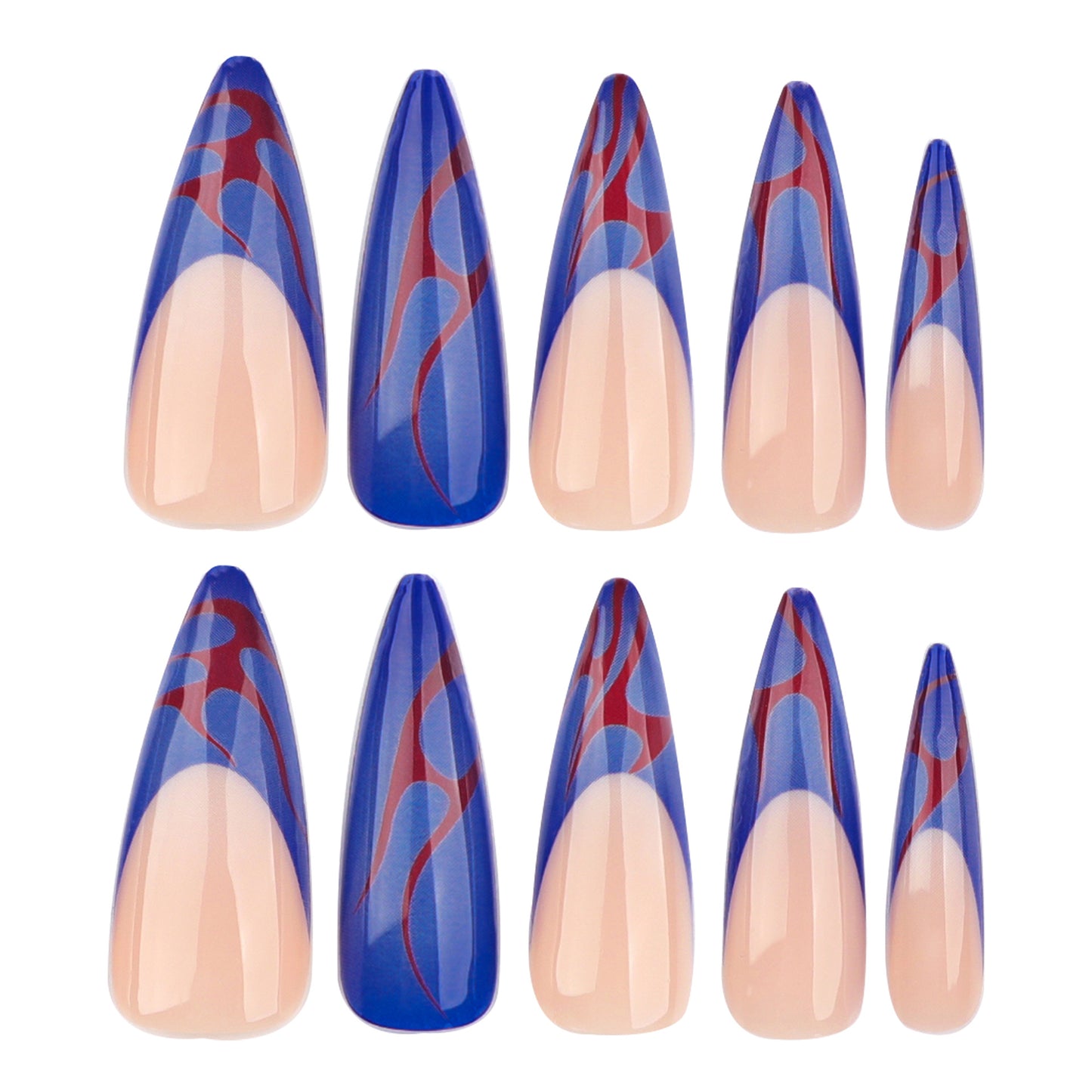 Long extra long pointed fake nail manicure piece French blue wearing nail  red flame pattern nail piece finished product｜365nails