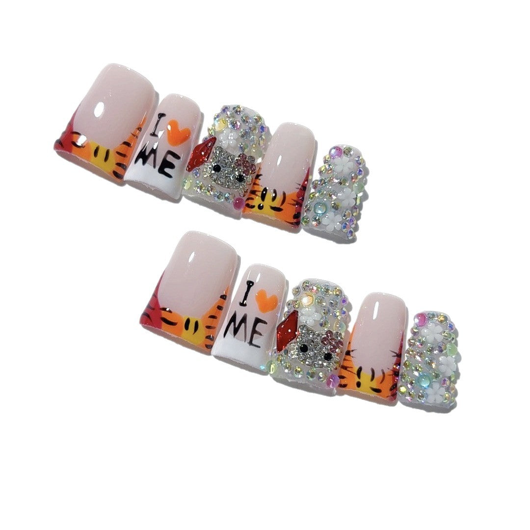 Amour tigre : "Je ❤️ MOI" – court forme carrée fait main ongles press-on