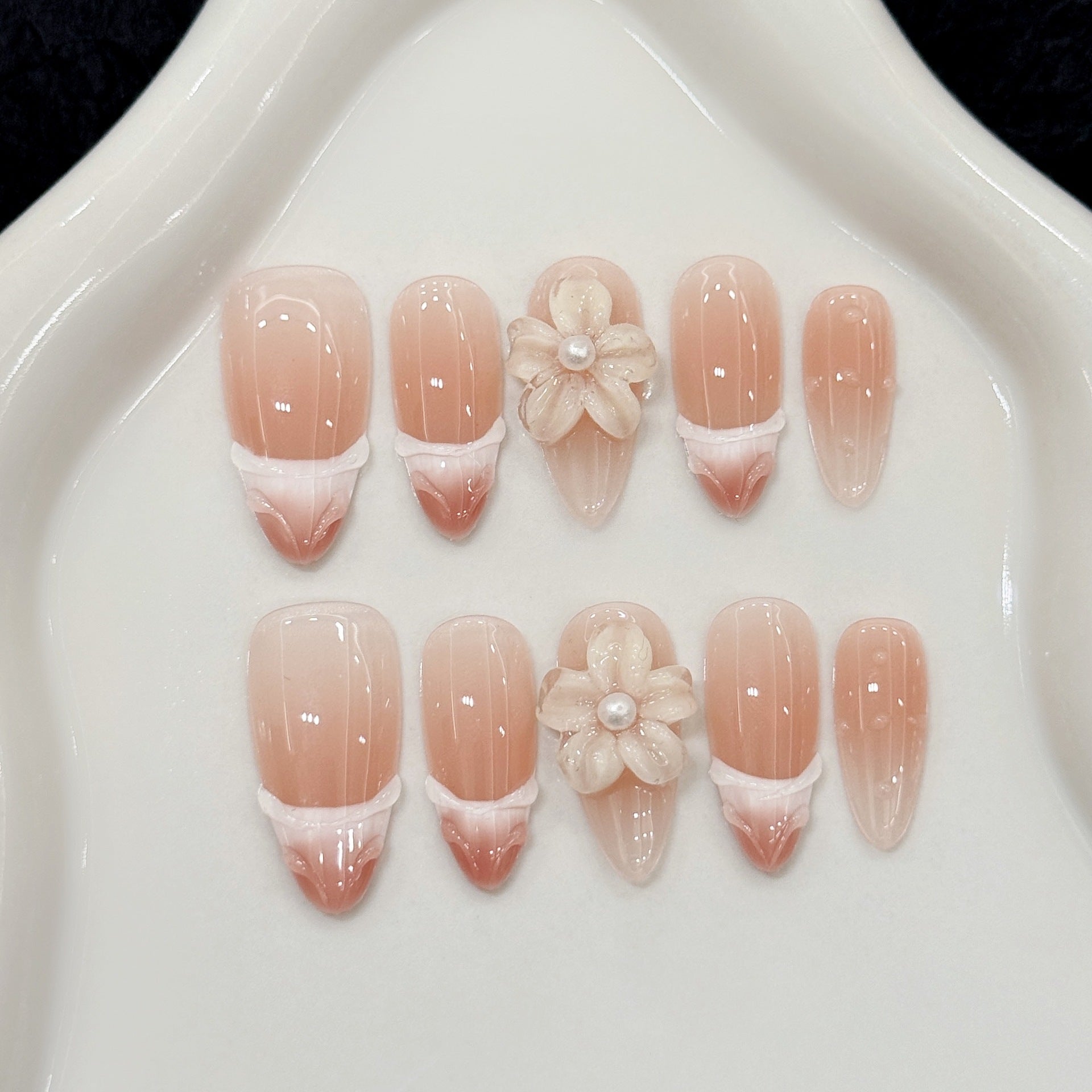 Water Drop Ice Flower Blush Gradient French Ice Sculpture Flower False Nails Wear Nail | 365nails
