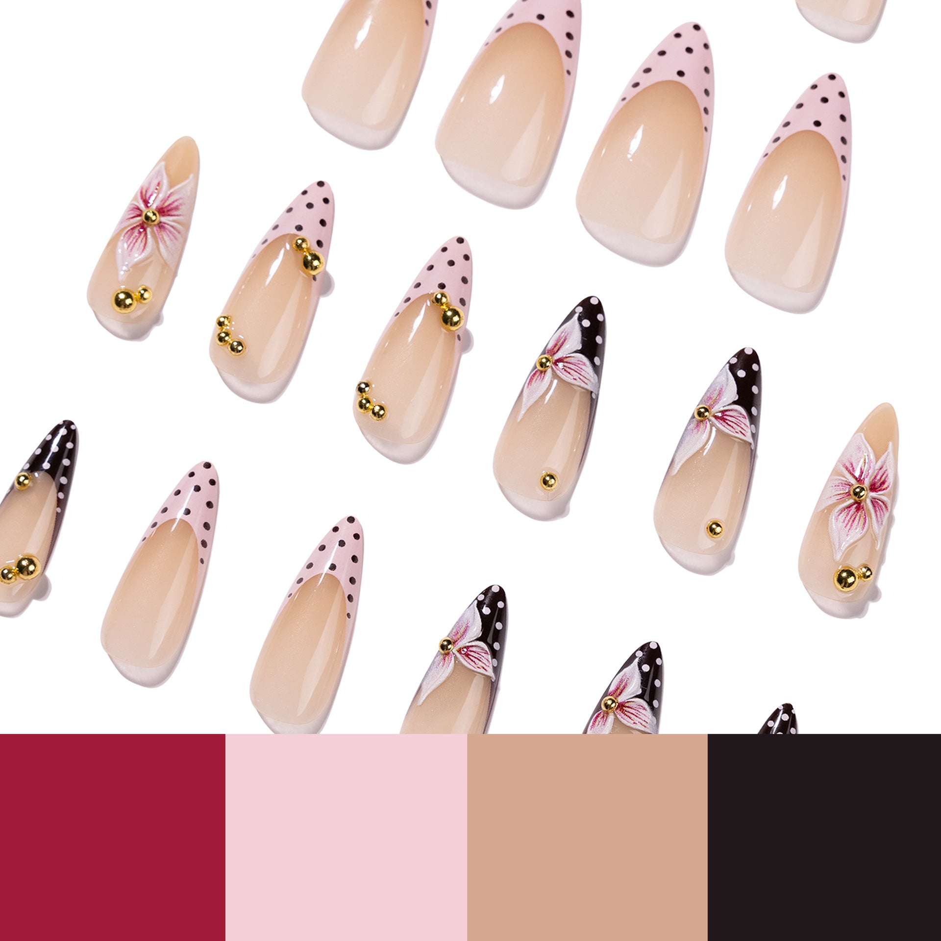365nails:「3D 粉色花朵配圓點法式尖形」 – 優雅款穿戴甲