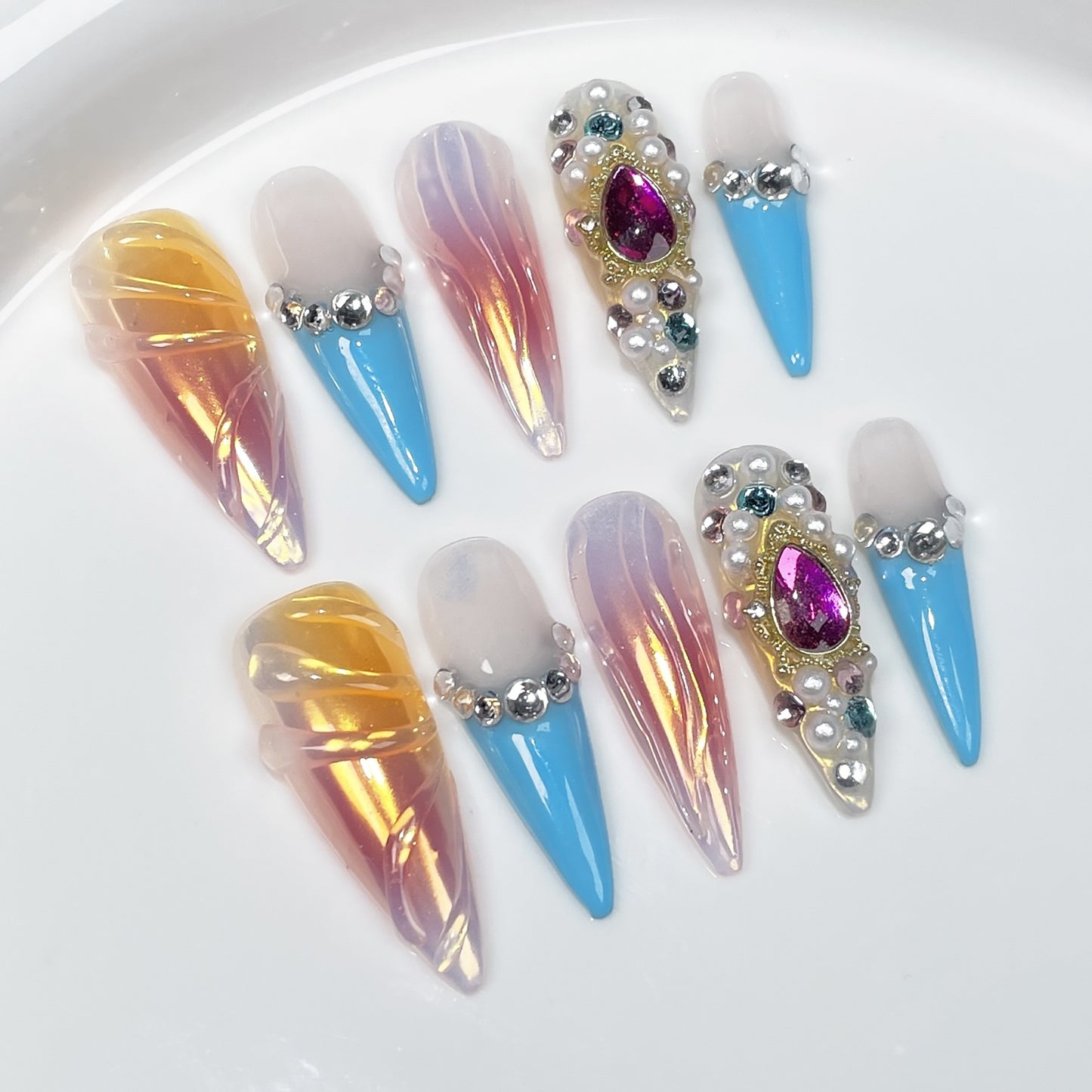 Unhas postiças feitas à mão, aerógrafo estilo Spice Girl, manicure francesa transparente com efeito gelo, unhas postiças usáveis｜365nails