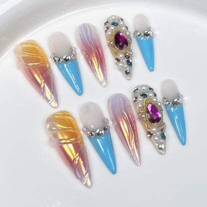 Unhas postiças feitas à mão, aerógrafo estilo Spice Girl, manicure francesa transparente com efeito gelo, unhas postiças usáveis｜365nails