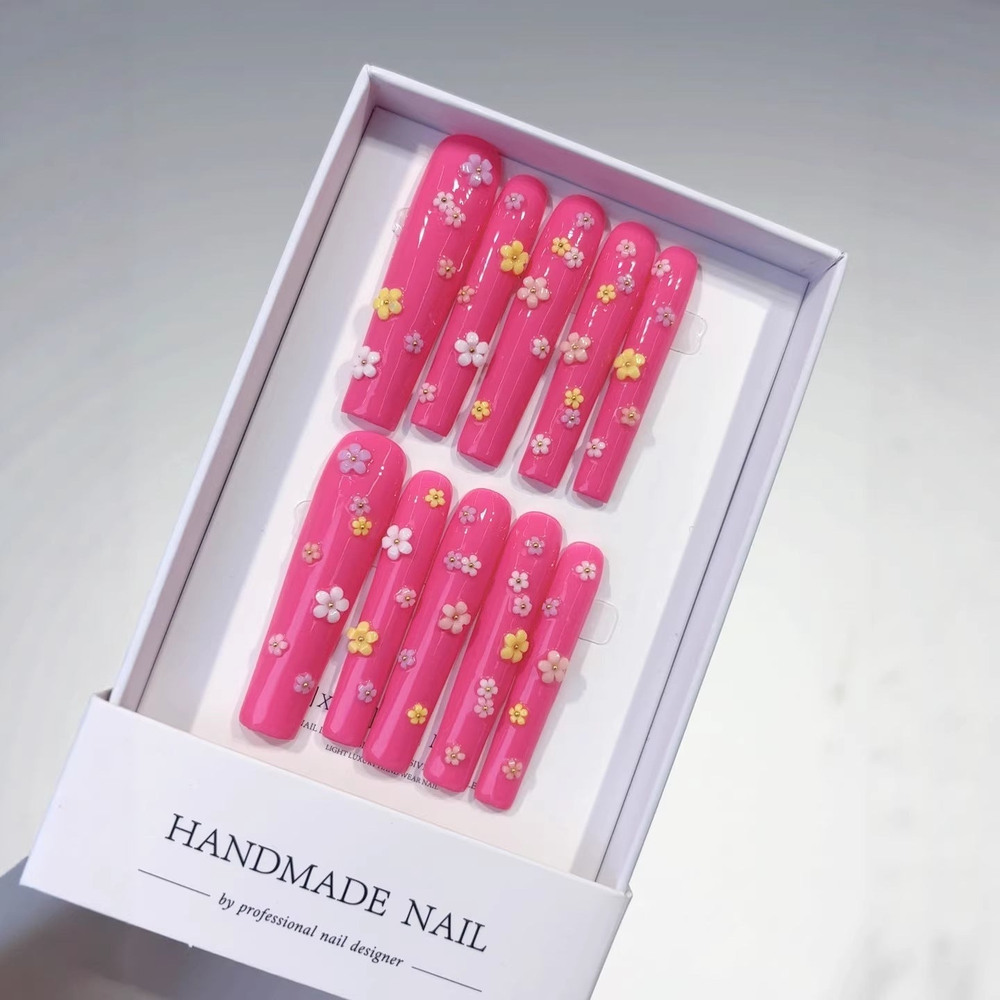 365nails: "Pink Blossom Fantasy" – Extra Long Square Hot Pink 3D Flower Handmade Press-On Nails