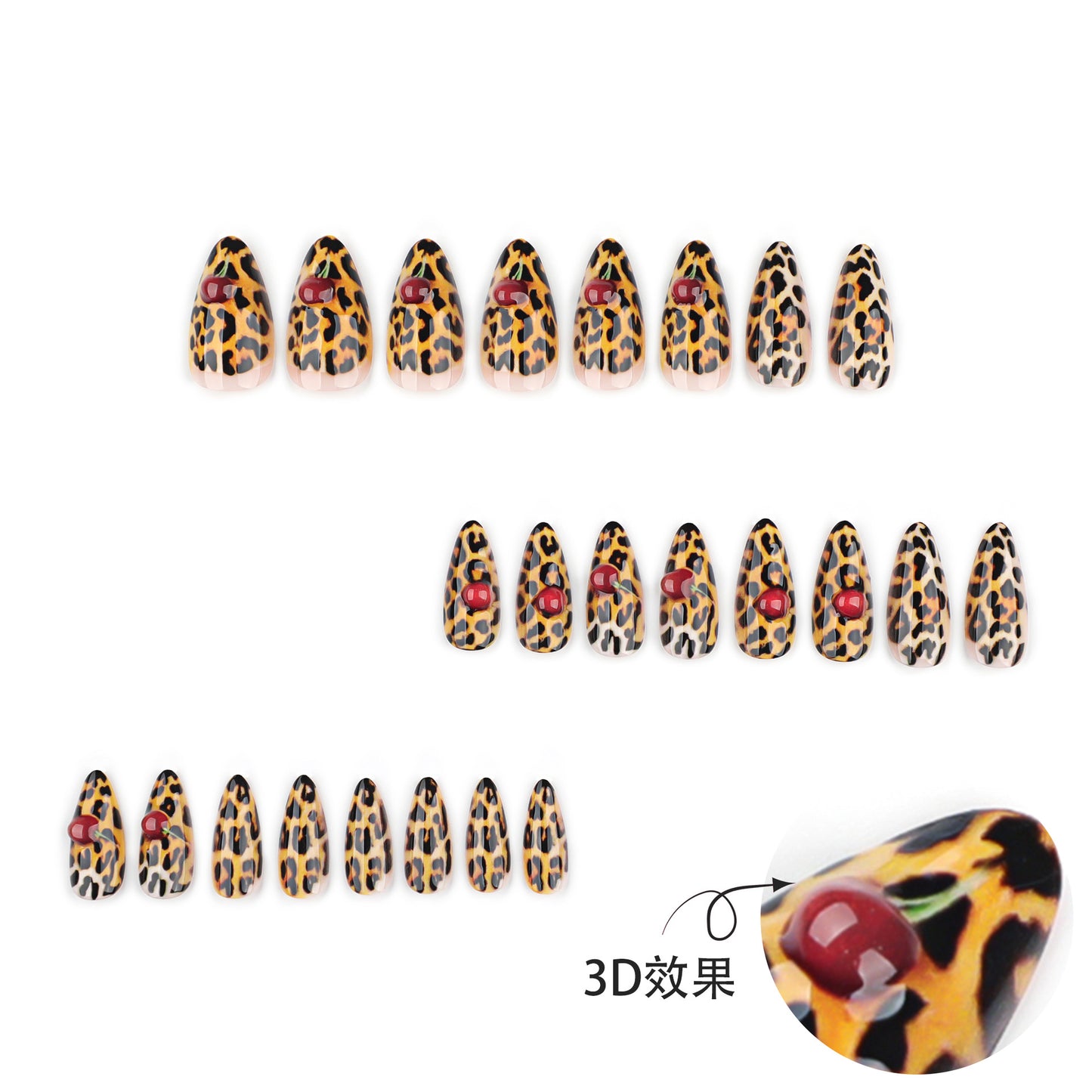 Wild Leopard Print Nails with Cherry Accent Medium Almond Tips