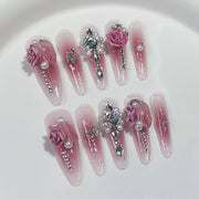 Pink Blush Nails with Rose Petals and Crystal Accents