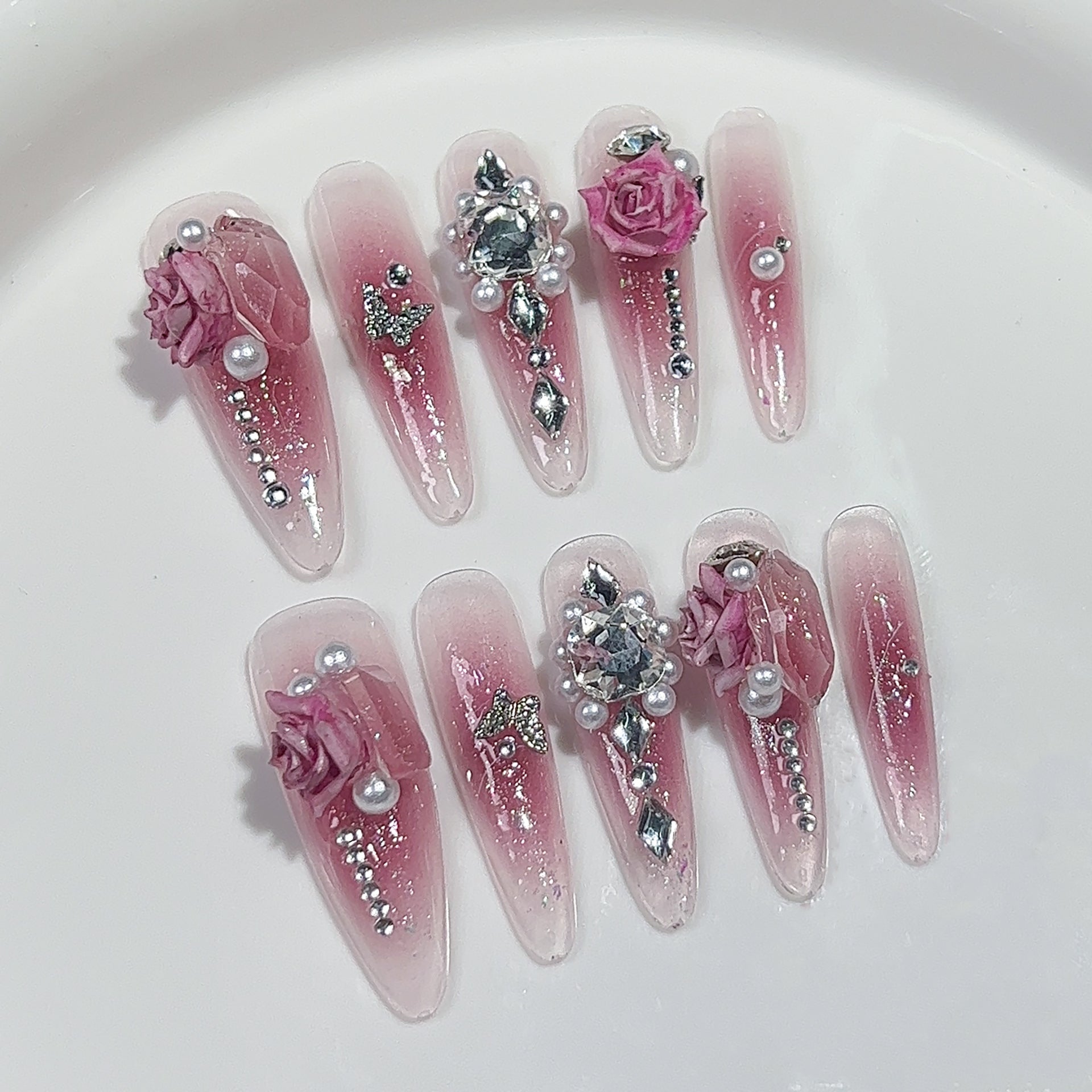 Uñas postizas hechas a mano, transparentes, con rubor, dulce y puro, con parches largos extraíbles ｜365nails
