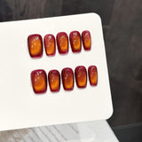 Burnt Orange Red Glitter Gradient Press On Nails