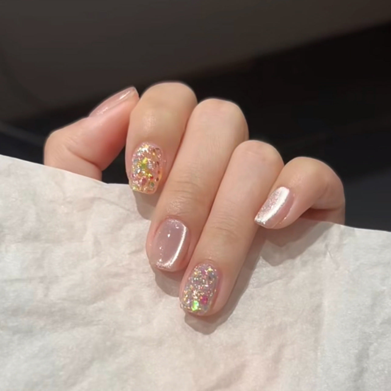 Pink Glitter Sheer Nails with Sparkling Accent Shine
