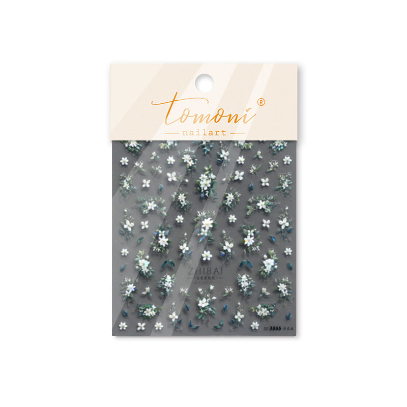 White Jasmine & Green Leaf: "ZHIBAI Pure Jasmine" – 5D Embossed Nail Sticker