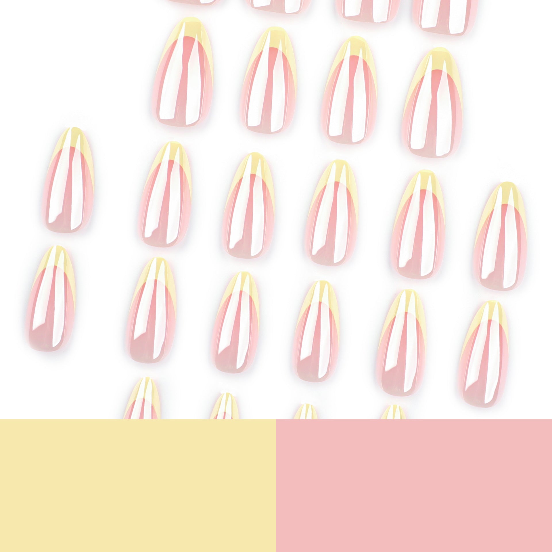 Uñas francesas con recubrimiento de polvo desnudo, sencillas y con borde amarillo, manicura corta en almendra, pieza de uña de gran venta al por mayor | 365nails