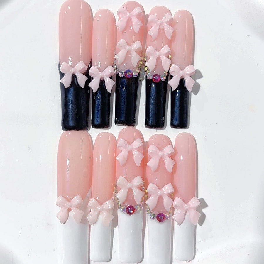 Black French Bow Elegant Extra Long Press On Nails