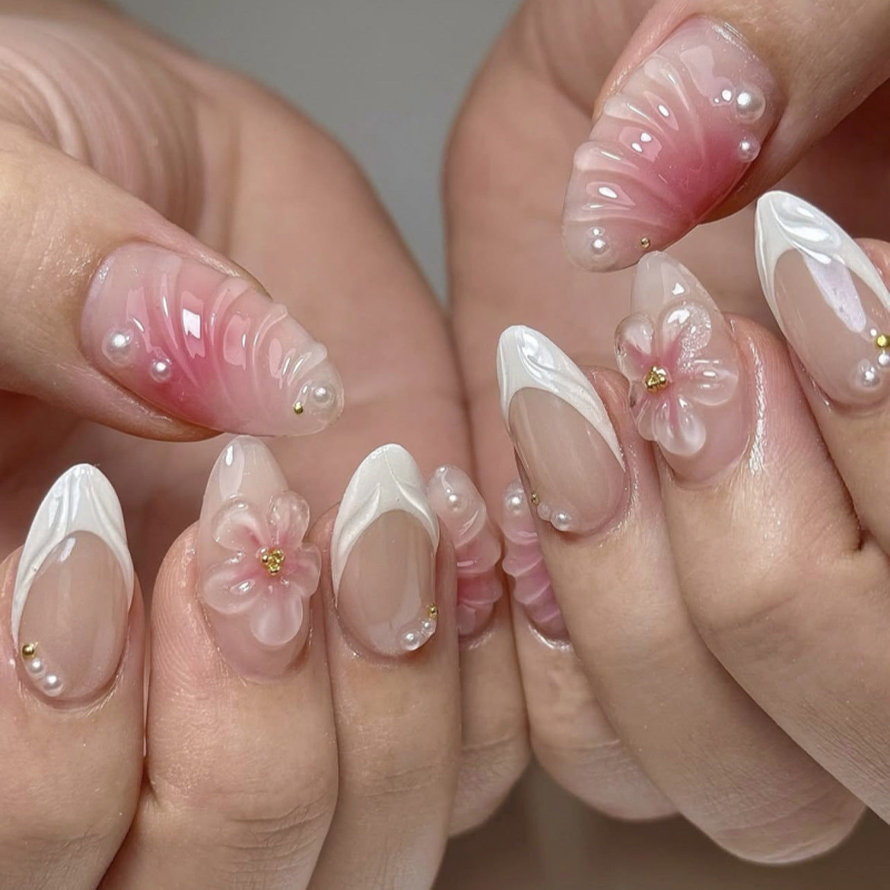 Blush 3D Stereo Flower Short Almond press-on nails