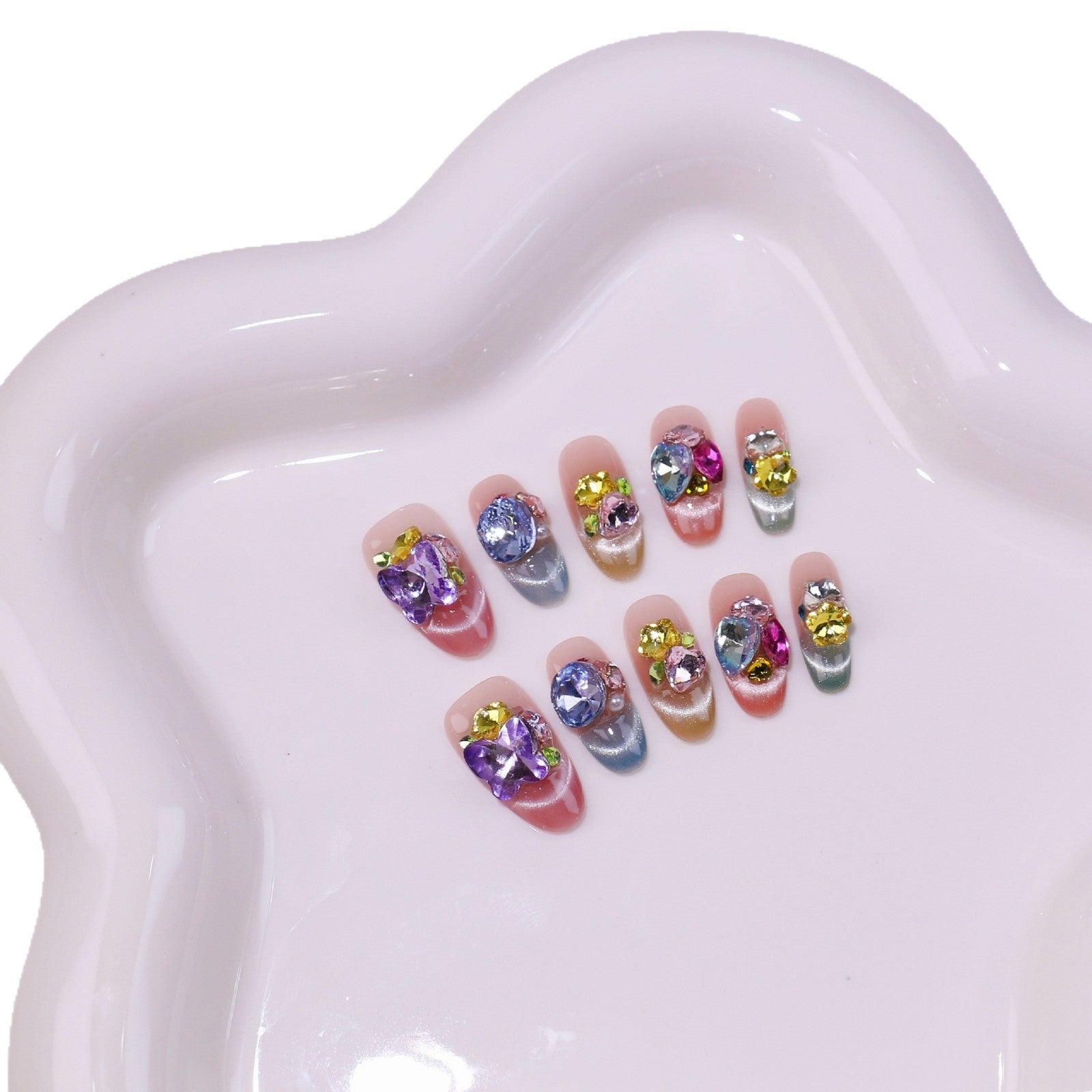 365nails-Gemstone Gala: "Rainbow Crystal" – Unhas Postiças Curtas Amendoadas Feitas à Mão