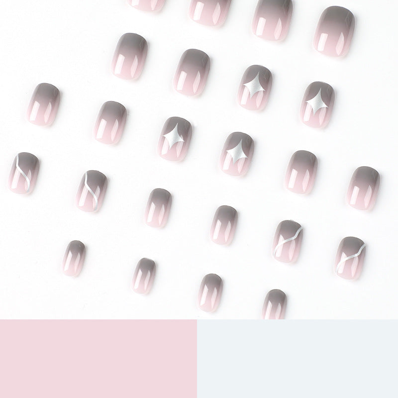 Arte de unhas de pressão finalizada em atacado, pó nu através de mudança gradual de cinza, estrela, manicure, patch, unhas de pressão, peça curta de unhas postiças｜365nails