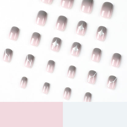 Uñas postizas cortas con efecto degradado en gris, acabado en polvo desnudo, manicura con estrella, uñas postizas cortas, 365nails