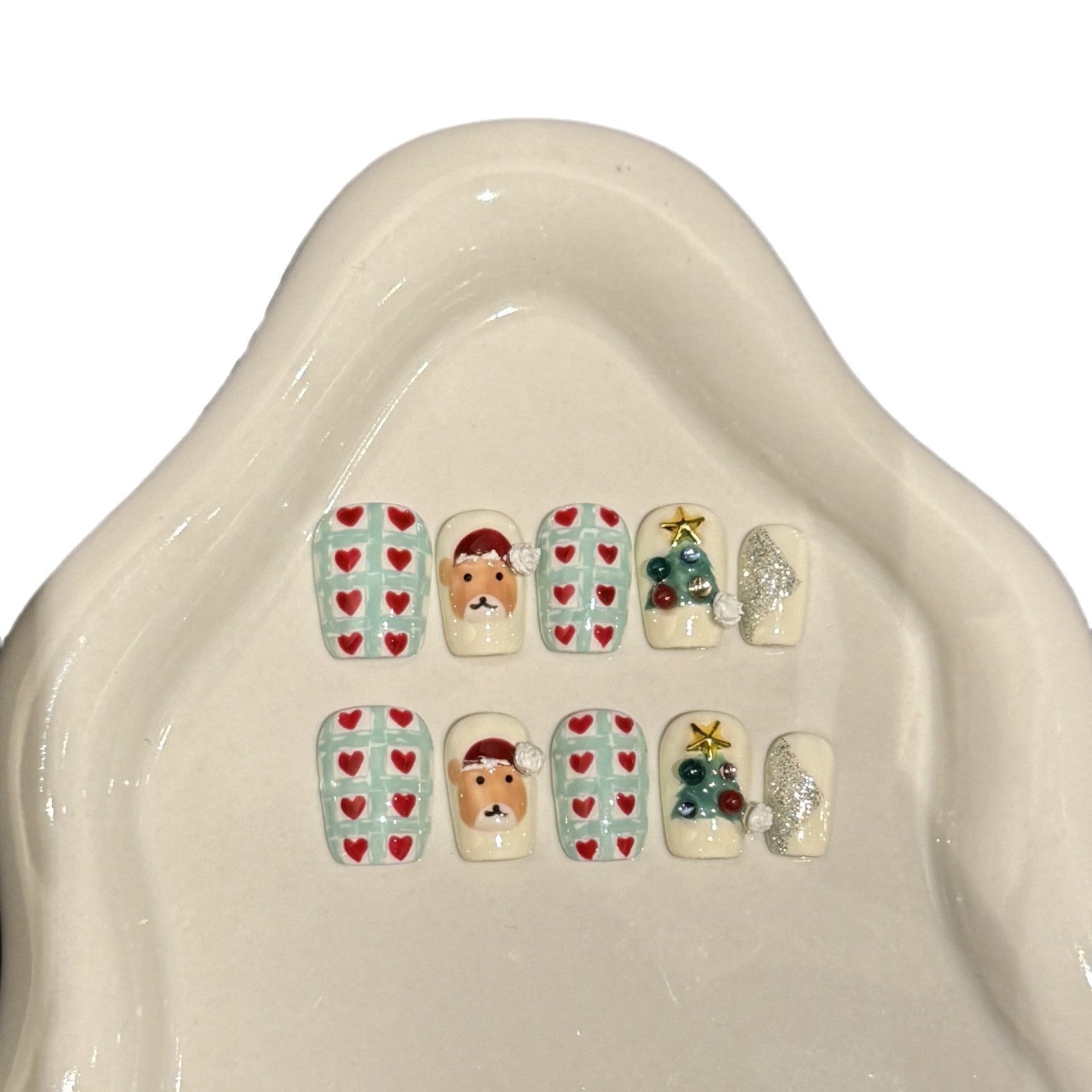 Plaid Heart & Santa Christmas Press‑On Nails – Mint Green and Red Short Design