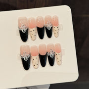 365nails: "Midnight Bloom" – 3D Floral French Tip Handmade Medium Almond Nails